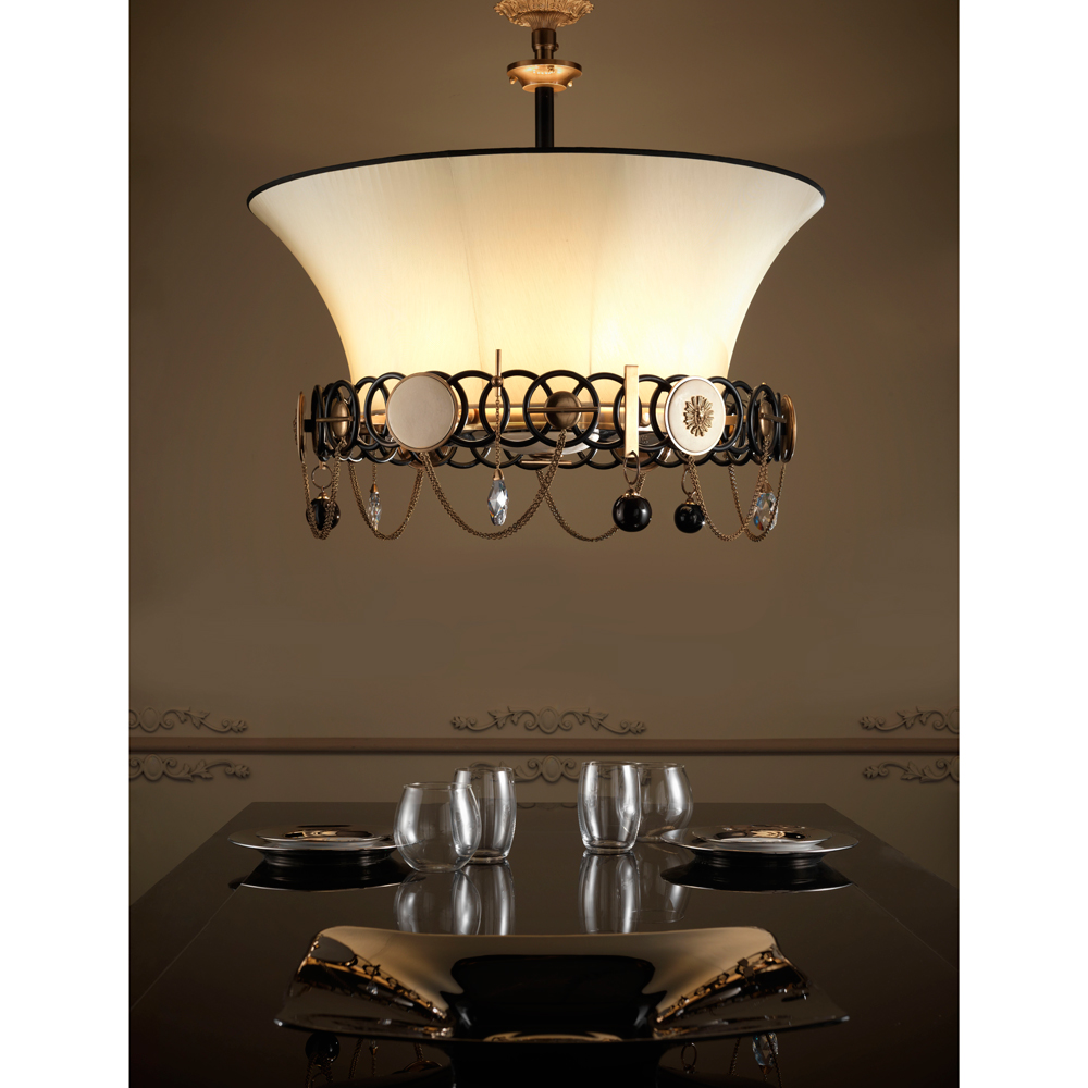 Chandelier in black glazed and burnished bronze. Hand glazed majolica details and crystal pendants. Ivory “Lebock” silk double lampshade.
